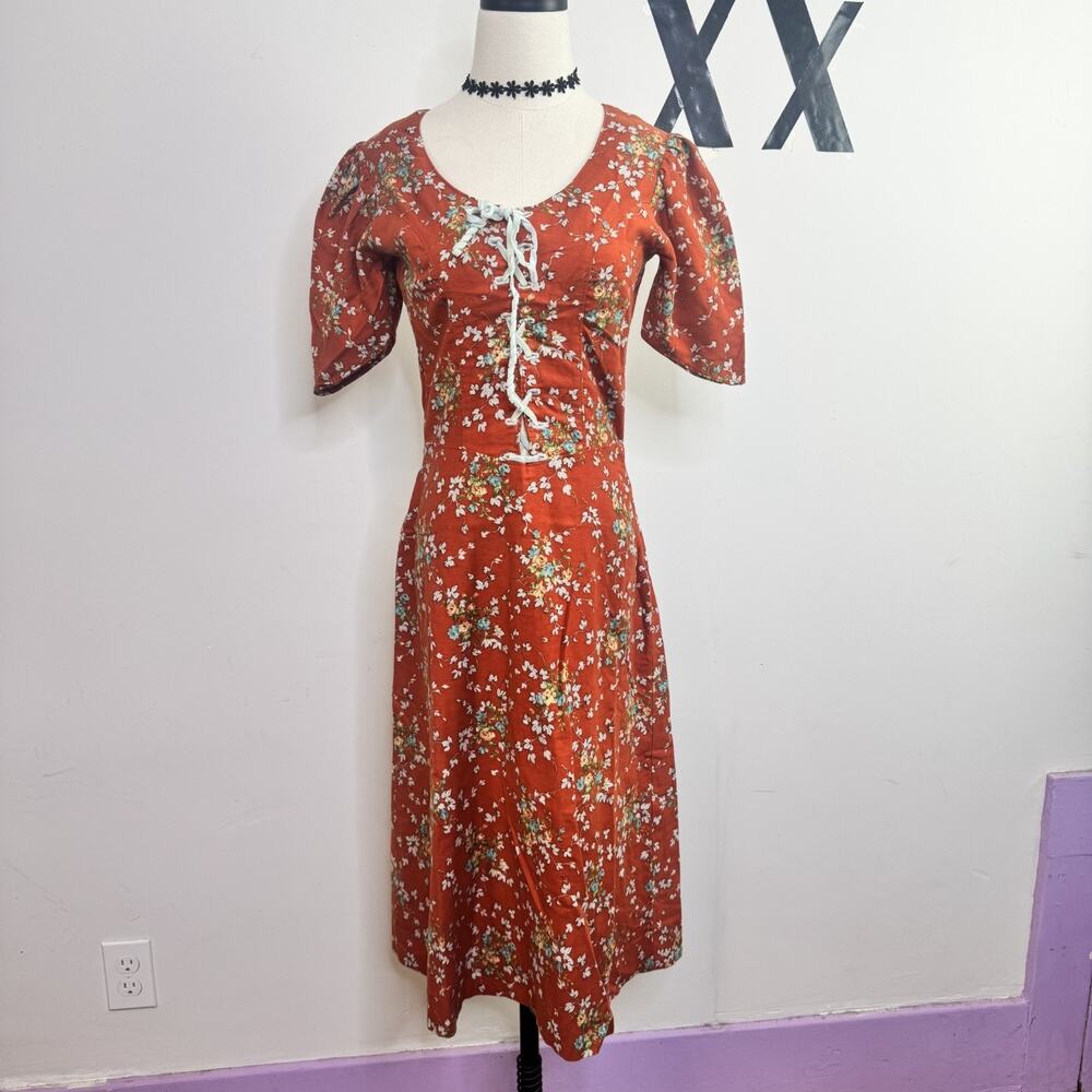 Vintage 70s Handmade Burnt Orange Milkmaid Midi Dress Lace Front Floral XS S